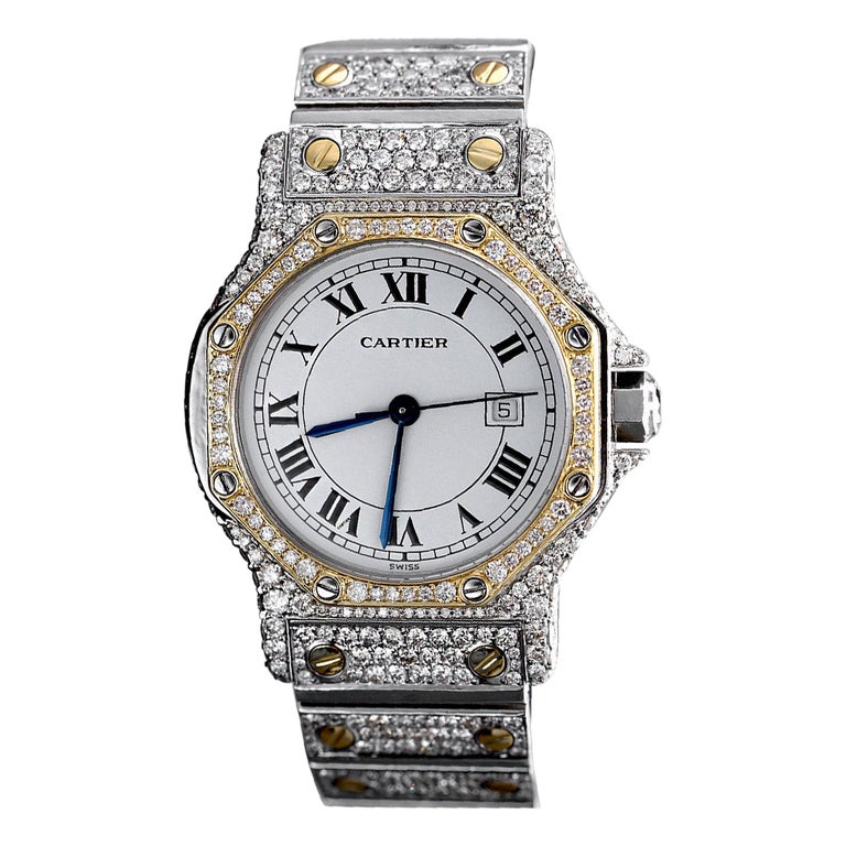 Cartier Santos octogonale montre automatique pour femmes en or 18 carats et  acier avec diamants 2966 En vente sur 1stDibs