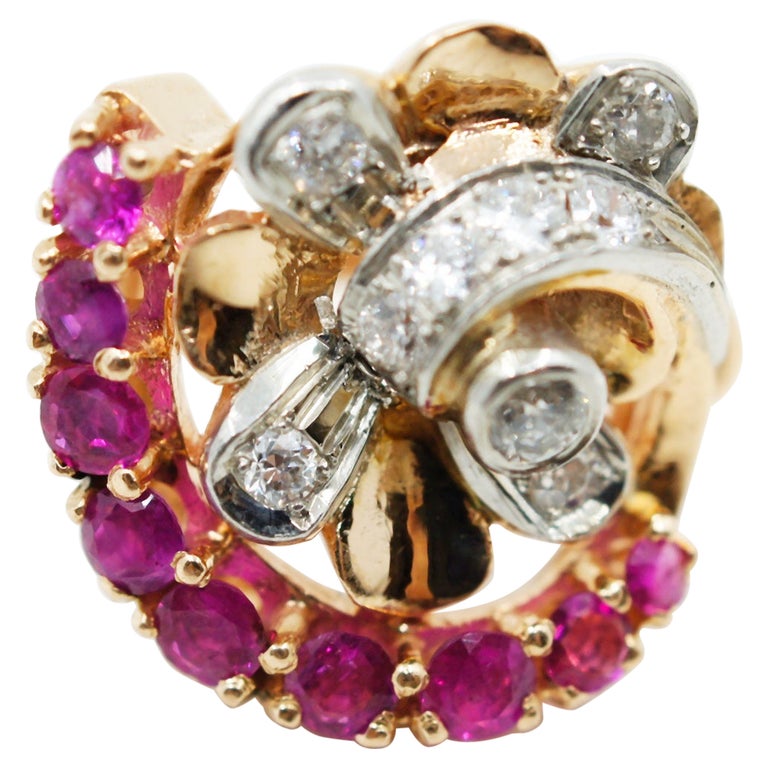 Retro Ruby and Diamond 14k Gold and Platinum Ring For Sale at 1stDibs