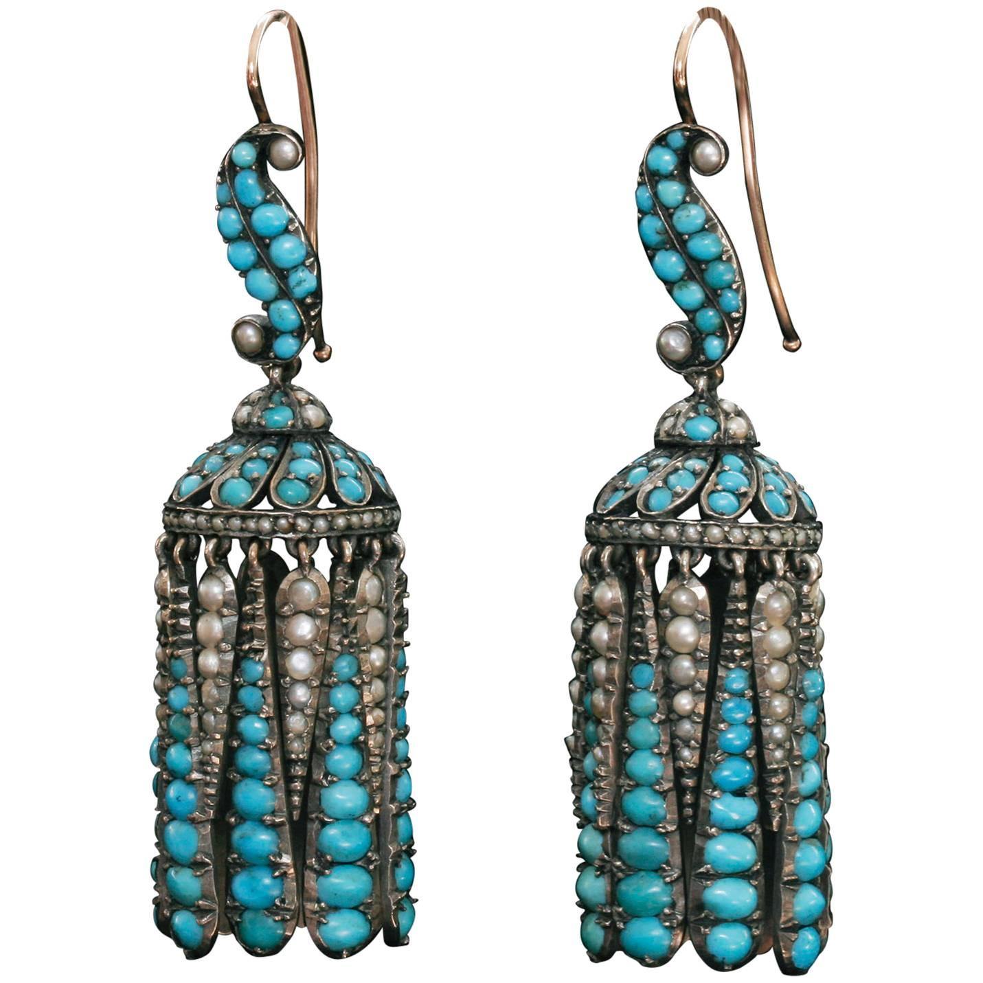 Victorian Turquoise and Pearl Fringe Earrings
