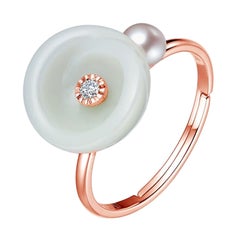 Fei Liu Russian Nephrite Diamond Pearl 14 Karat Rose Gold Adjustable Ring
