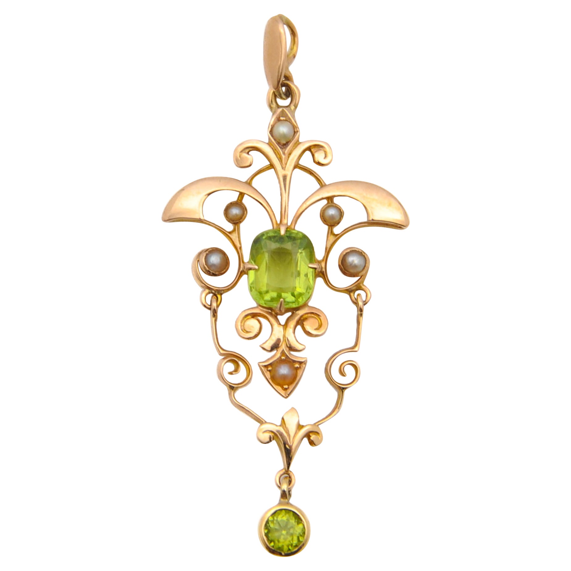 Colgante antiguo Art Nouveau de oro rosa con peridoto y perla