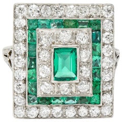 Art Deco Emerald Diamond Platinum Rectangular Foliate Vintage Dinner Ring