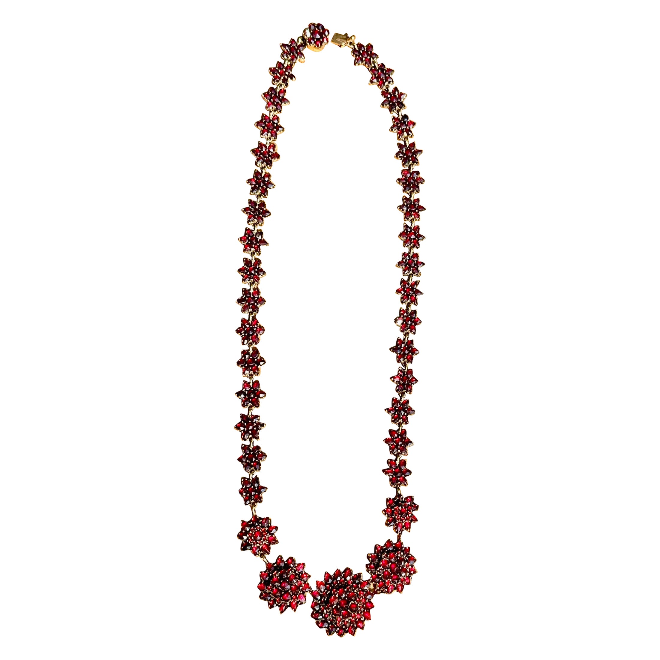 Victorian Garnet Necklace Flower Bohemian Garnets Antique 1880 Garnet Clasp For Sale
