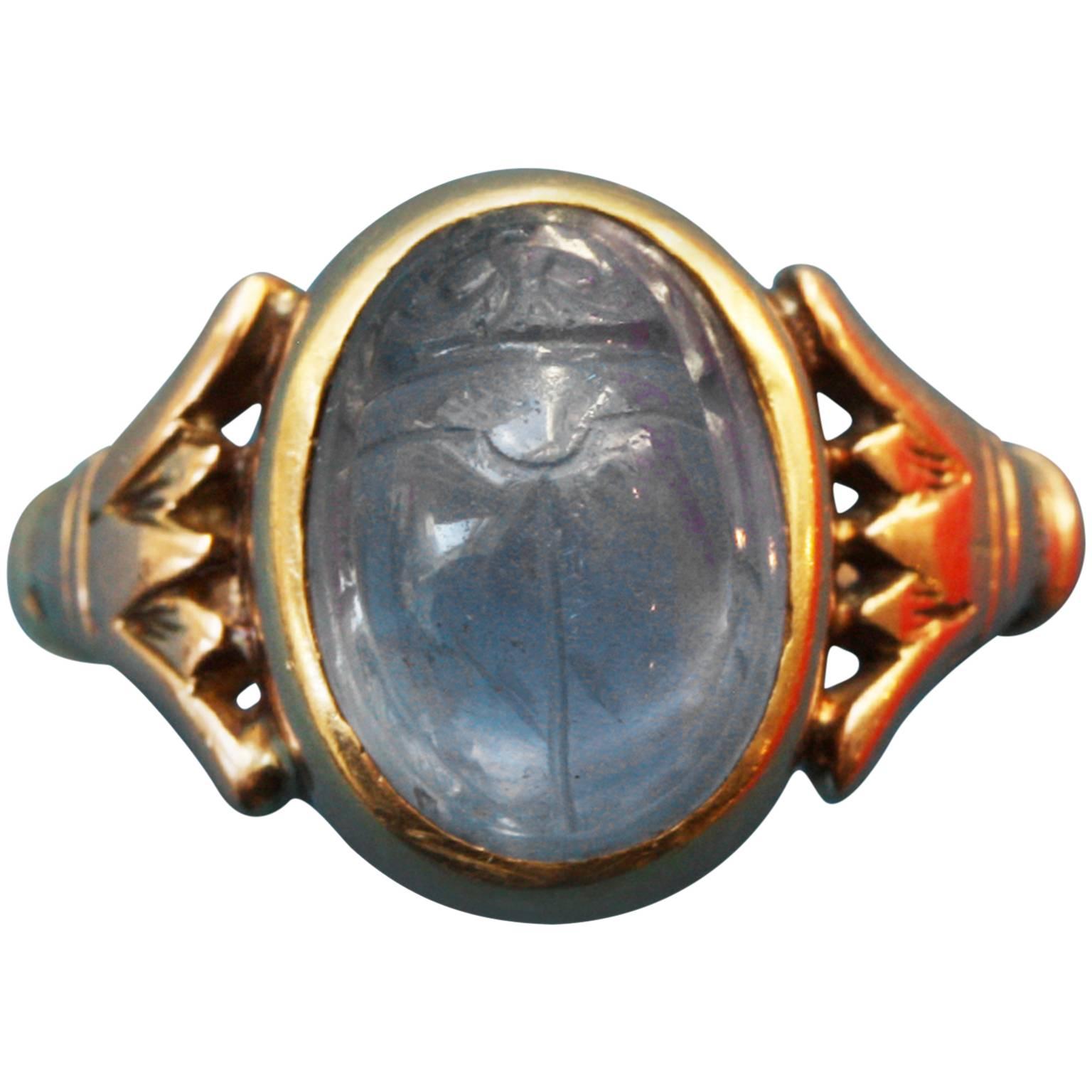 Thomas Brogan Egyptian Revival Sapphire Gold Scarab Ring