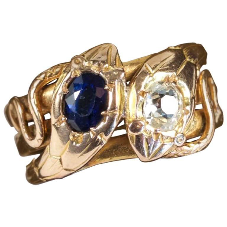 19th Century Diamond Sapphire Gold Snake Ring