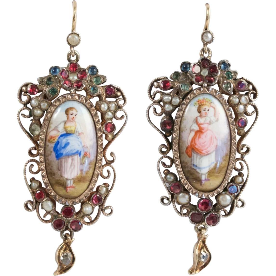 19th Century Miniature Enamel Garnet Diamond Silver Gold Earrings