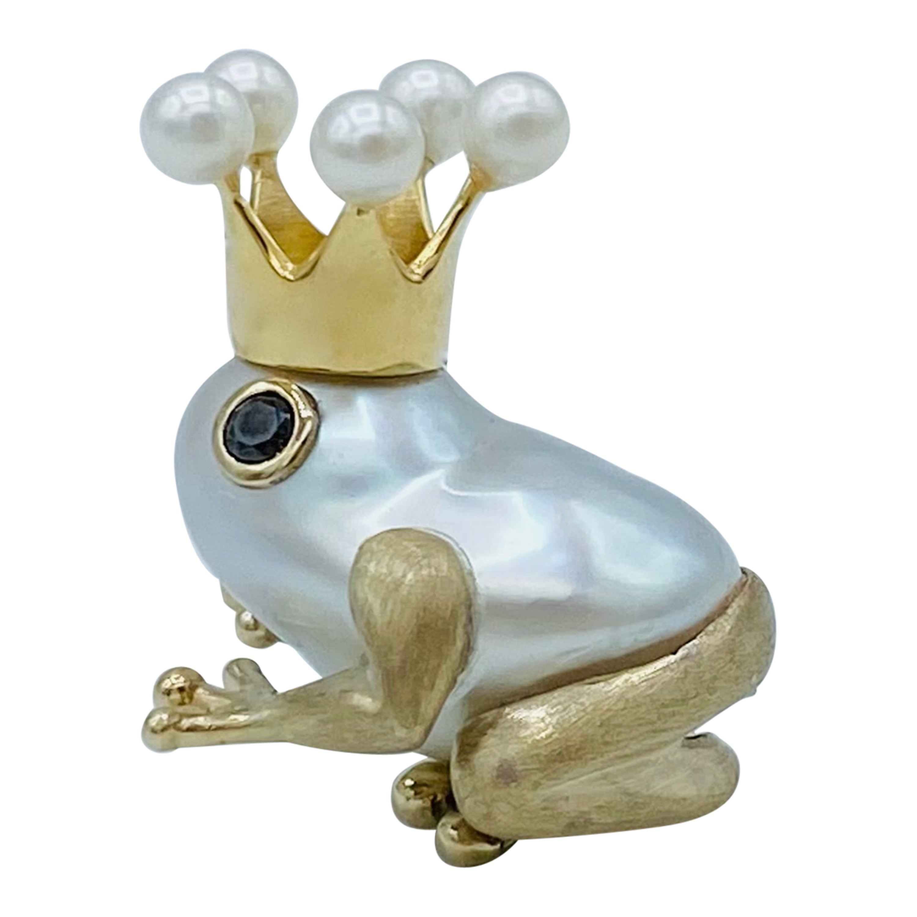 18 Karat White Yellow Gold Black Diamond Australian Pearl Beads Frog Pin Brooch