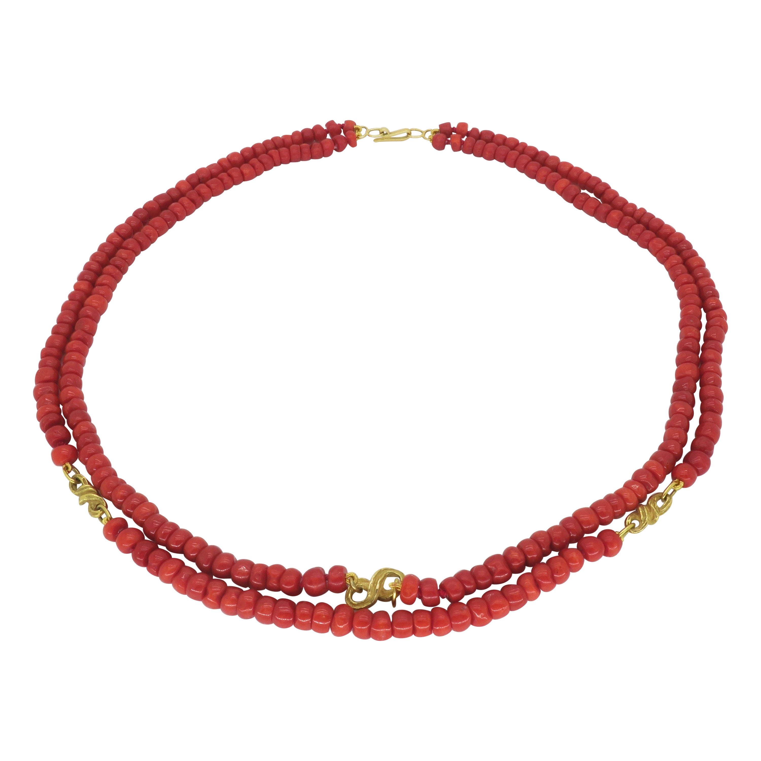 GIA Certified Red Coral Double Strand Necklace with 18k Yellow Gold For Sale