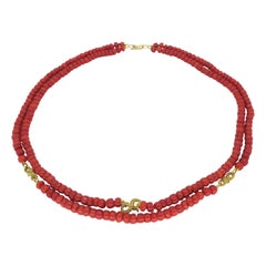 GIA Certified Red Coral Double Strand Necklace with 18k Yellow Gold