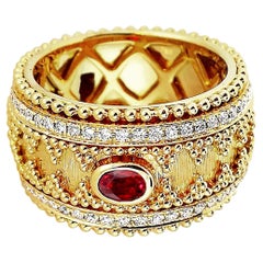 18 Karat Gold Granulata-Ring mit ovalem Rubin und Diamanten