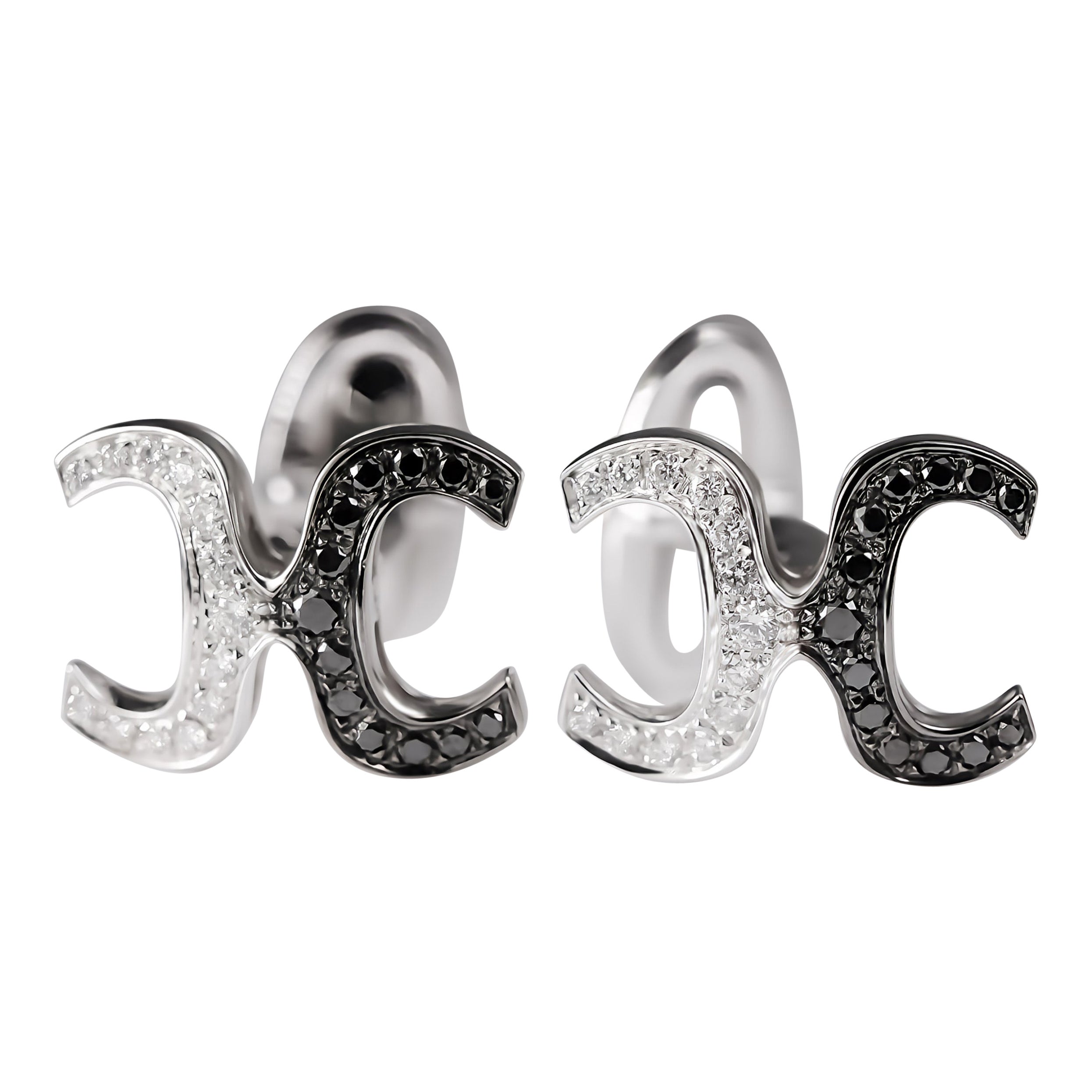 Boutons de manchette pour homme en or blanc 18 carats avec diamants noirs et blancs en vente