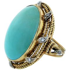 Important Large Natural Turquoise Diamond Gold Ring