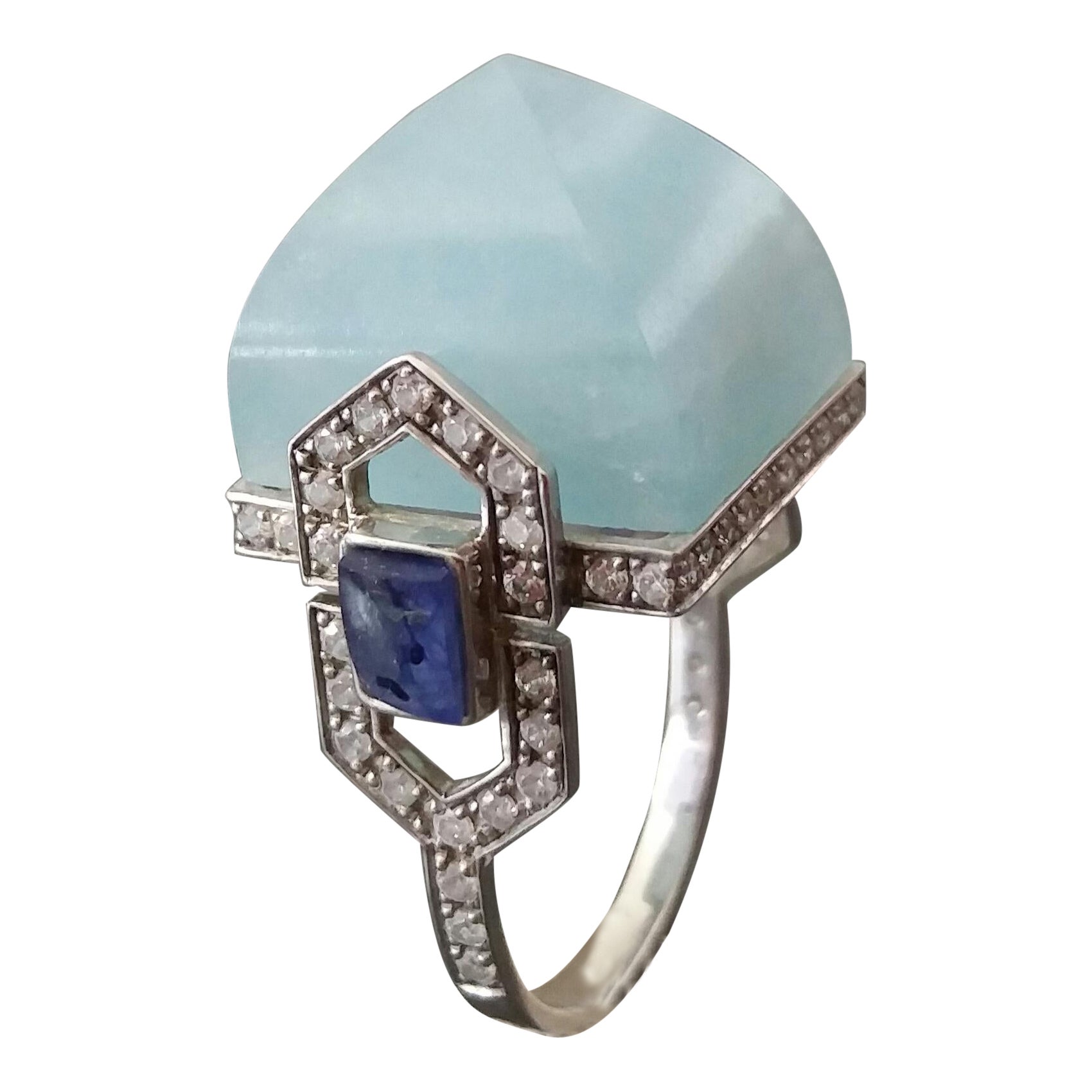 Art Deco Style 14k Gold Diamonds Blue Sapphires Aquamarine Pyramid Cocktail Ring