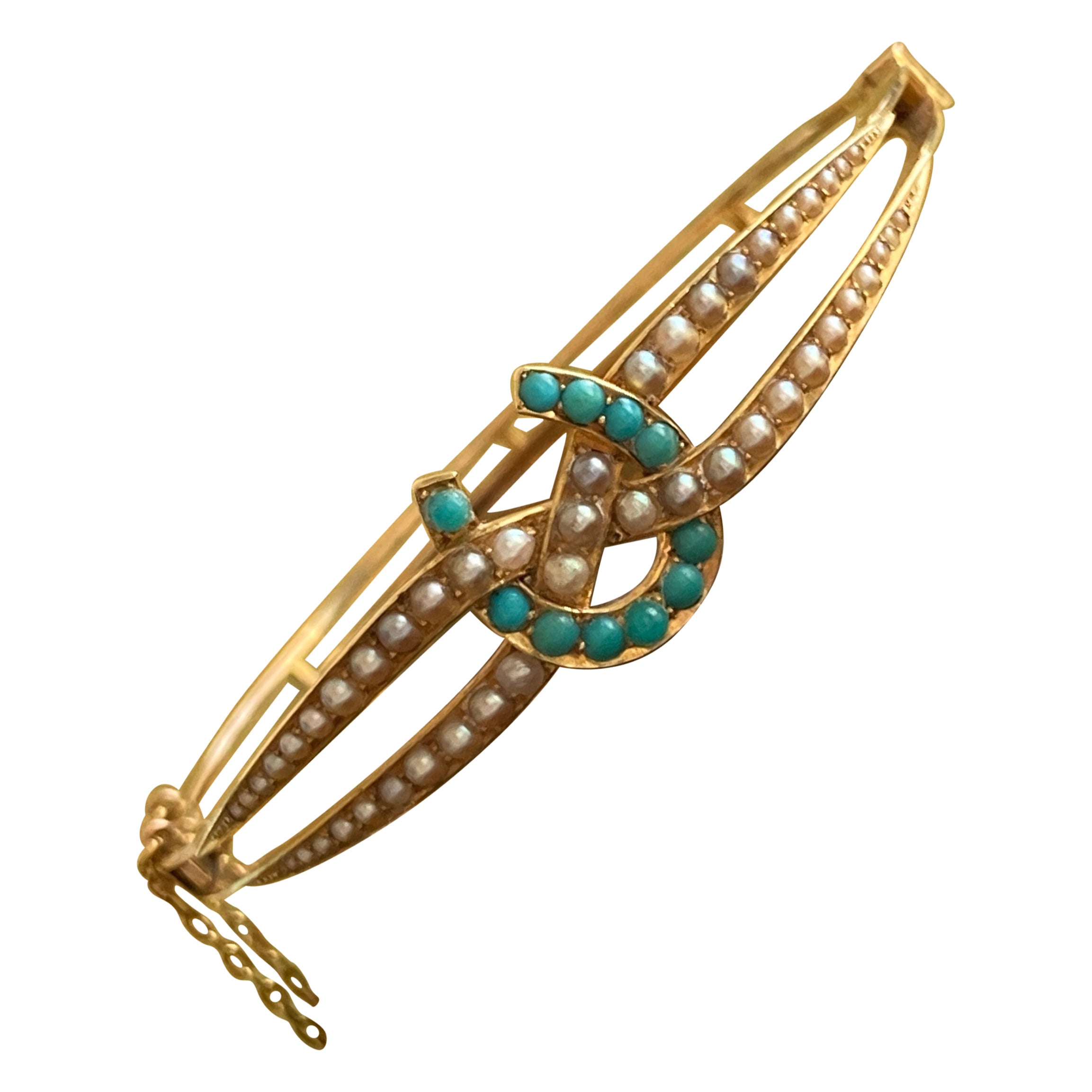 Victorian Horseshoe Turquoise & Seed Pearl 15k Gold Bracelet For Sale