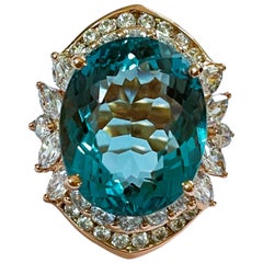 New Santa Maria IF 13.5 Ct Aquamarine & Sapphire Rose Gold Plated Sterling Ring