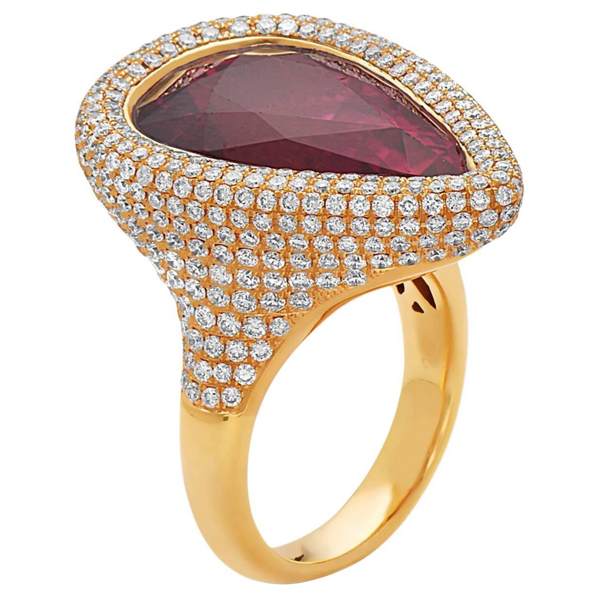 Pear Shape Rubelite Cocktail Ring with Pave Diamonds Made in 18k Yellow Gold