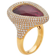 Pear Shape Rubelite Cocktail Ring with Pave Diamonds Made in 18k Yellow Gold