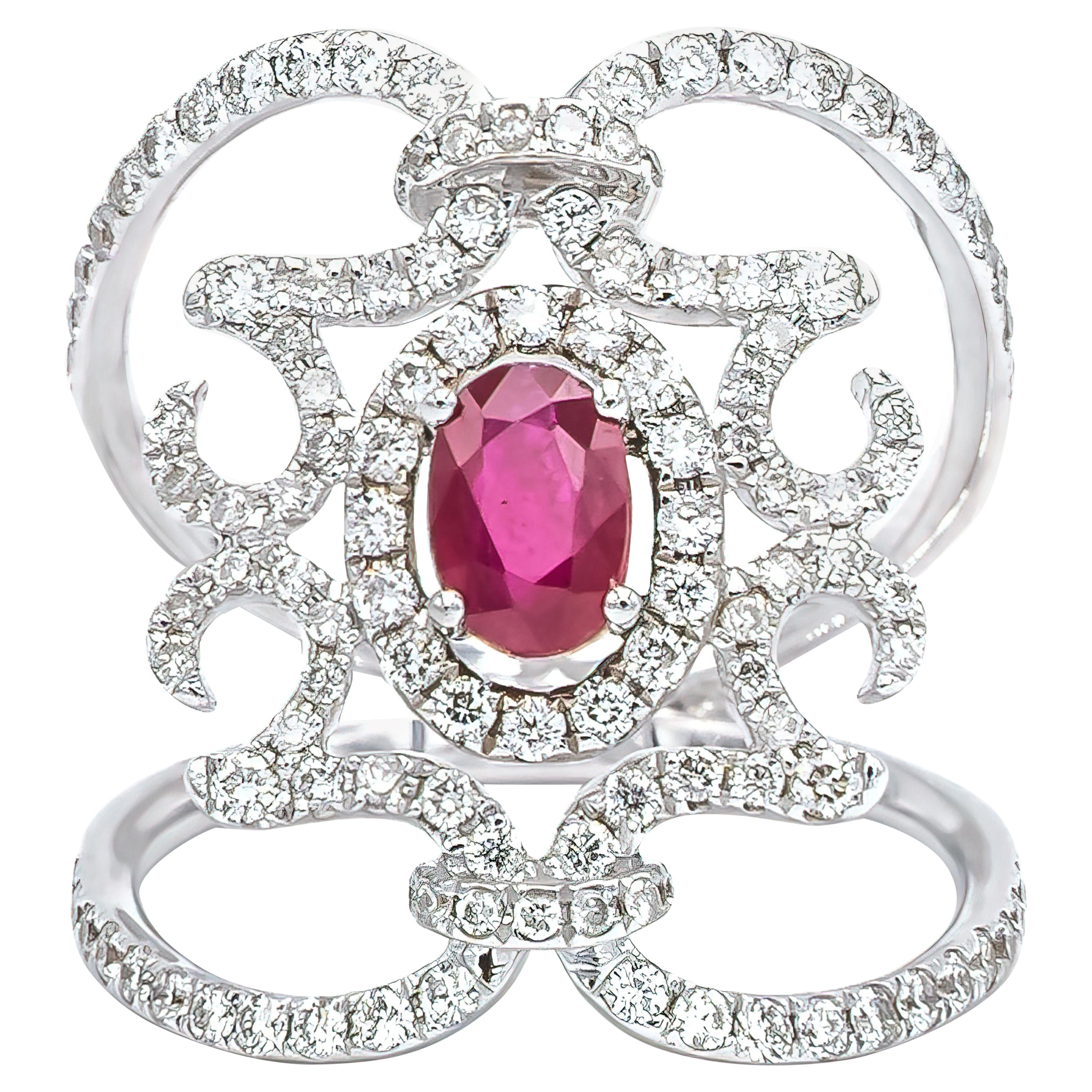 Oval Shaped Ruby Set in an Antique Style Curved Gold Band Cocktail Ring For Sale