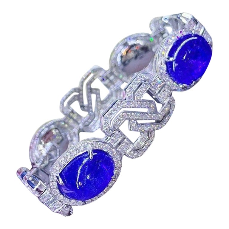 AIG Certified 62.00 Carats Natural Tanzanites 5.25 Ct Diamonds 18k Gold Bracelet
