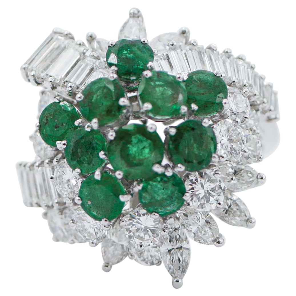 Emeralds, Diamonds, 18 Karat White Gold Ring