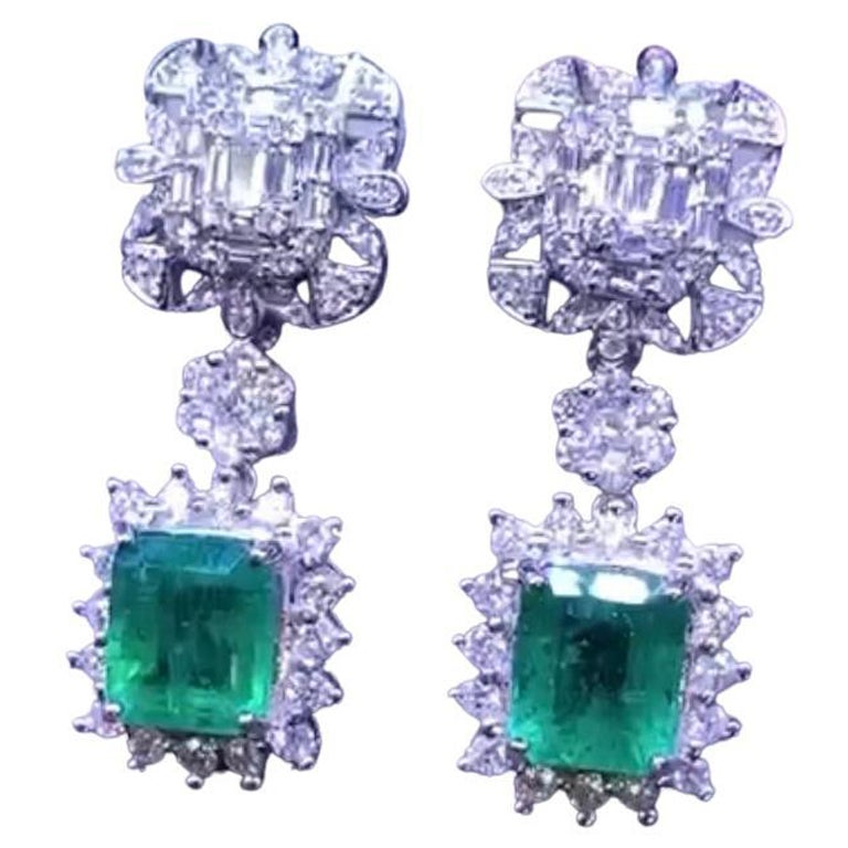 AIG Certified 6.33 Carats Zambian Emeralds  2.28 Ct Diamonds 18K Gold Earrings  For Sale
