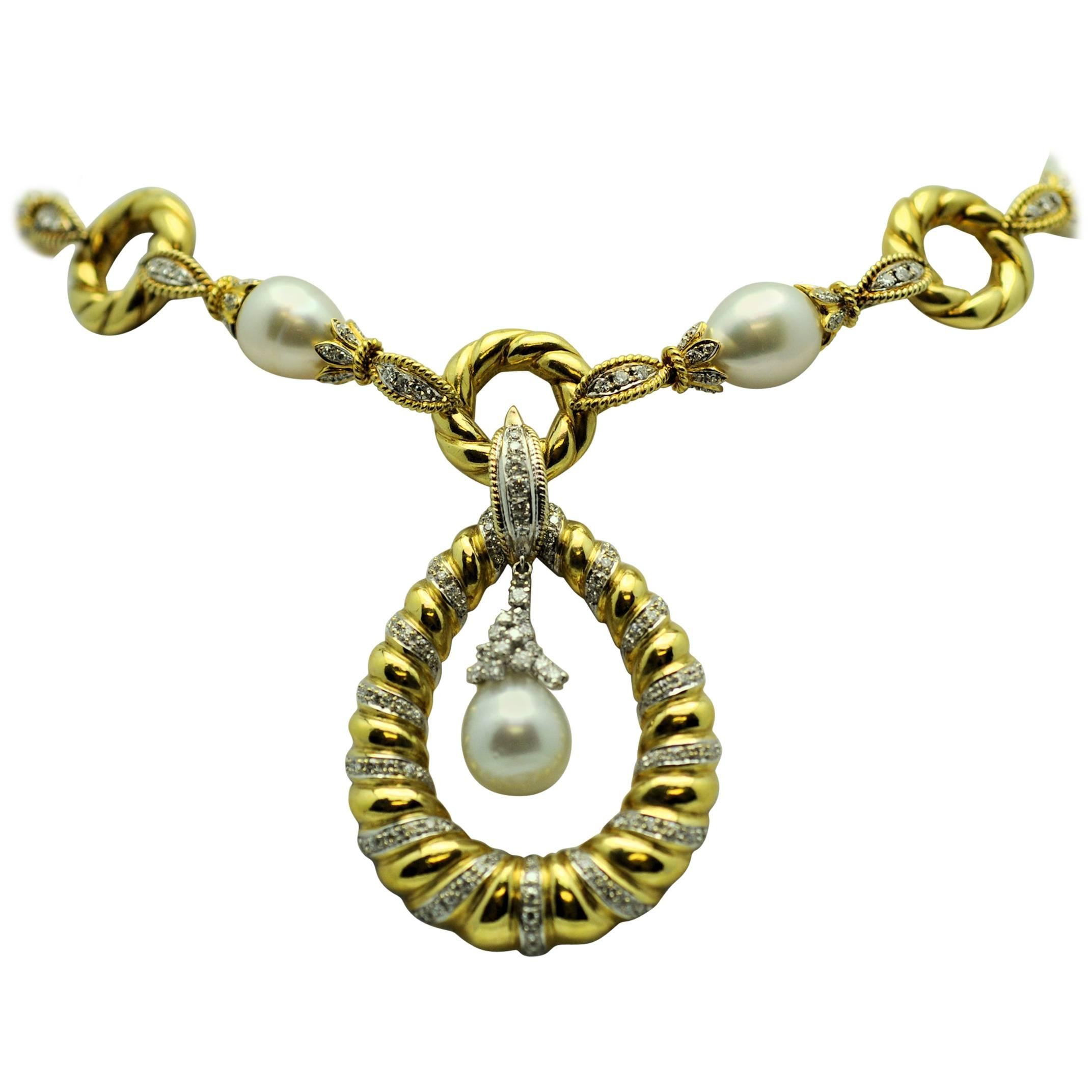 Long South Sea Pearl Diamond Gold Necklace with Pendant