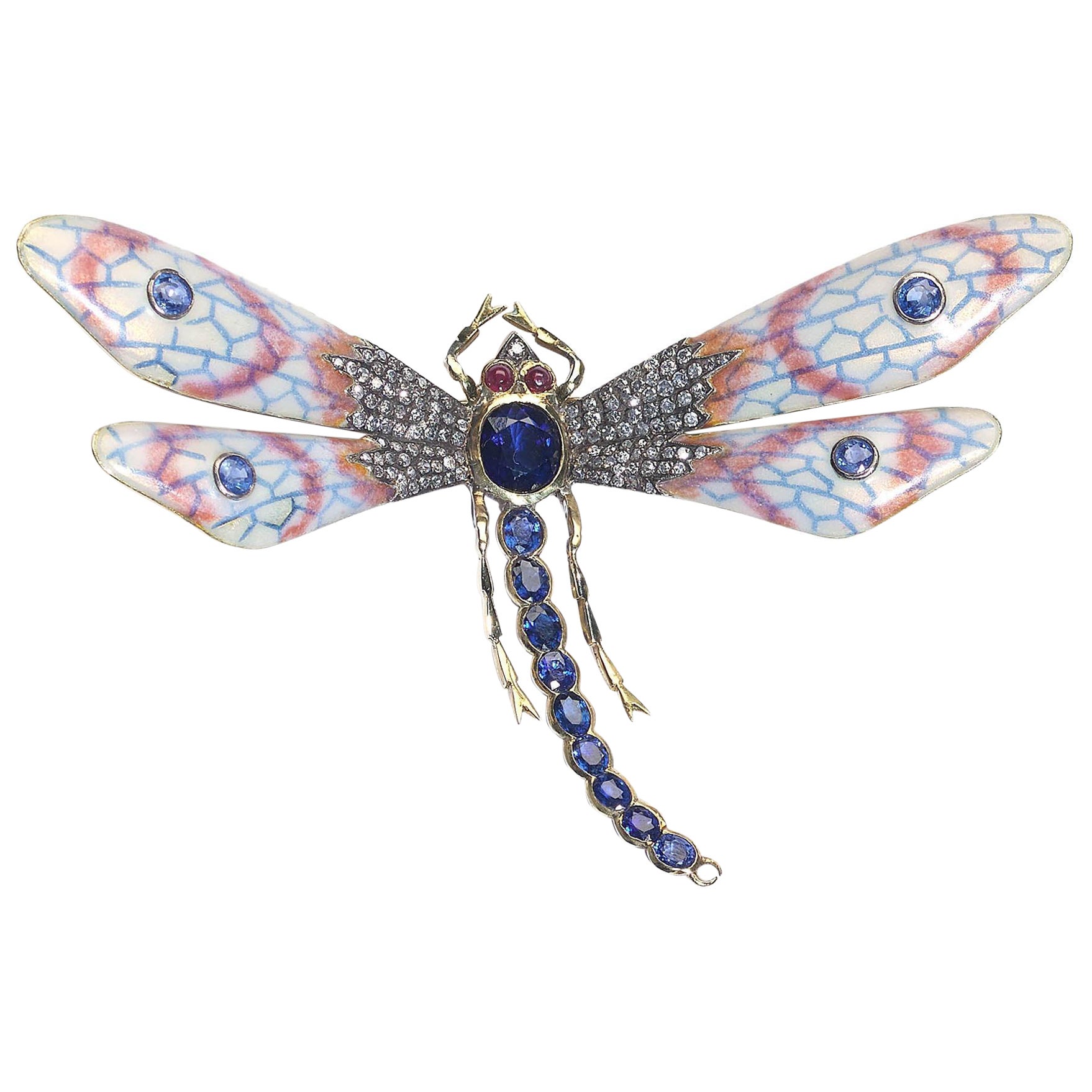 Enamel, Sapphire, Diamond, Ruby, Gold and Silver Dragonfly Brooch` For Sale