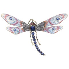 Enamel, Sapphire, Diamond, Ruby, Gold and Silver Dragonfly Brooch`