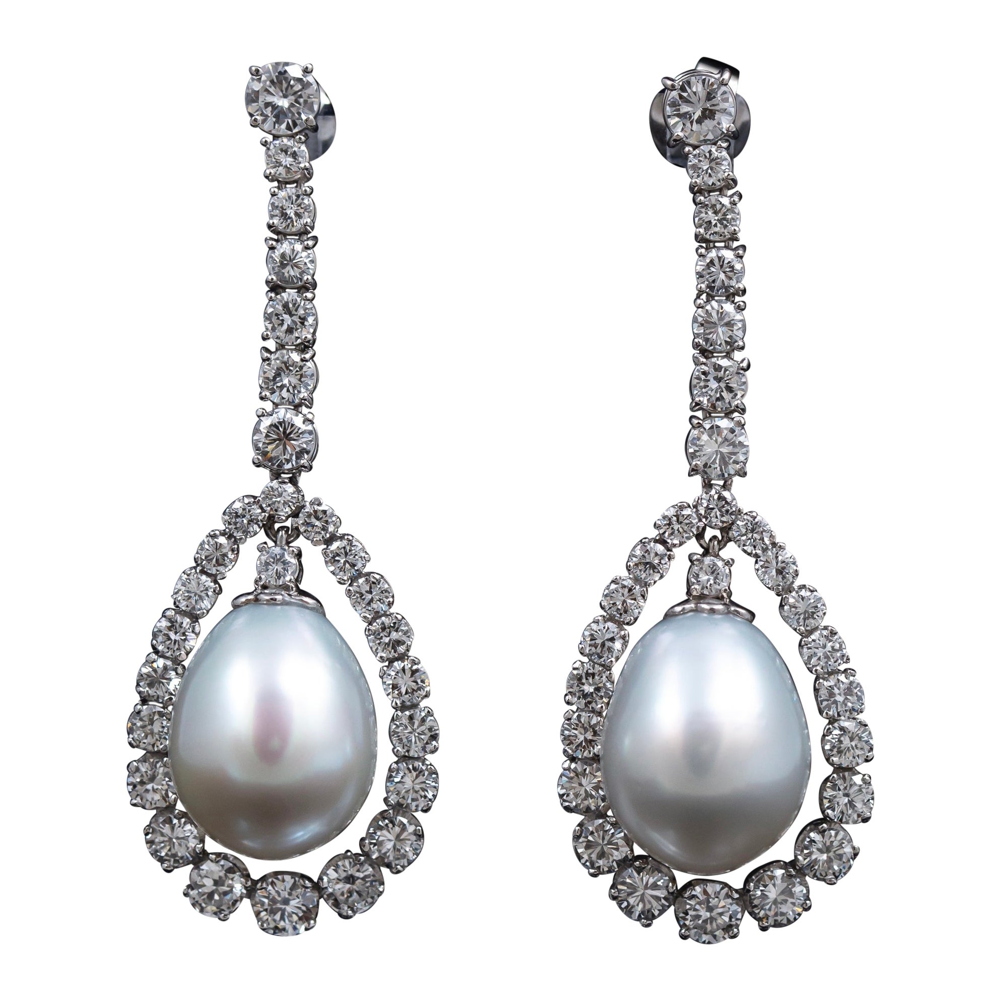 Vintage 6 Carat Diamond Cultured Pearl Drop Earrings White Gold 20th Century