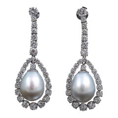 Retro 6 Carat Diamond Cultured Pearl Drop Earrings White Gold 20th Century