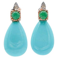 Turquoise, Emeralds, Diamonds, 14 Karat Rose and White Gold Earrings