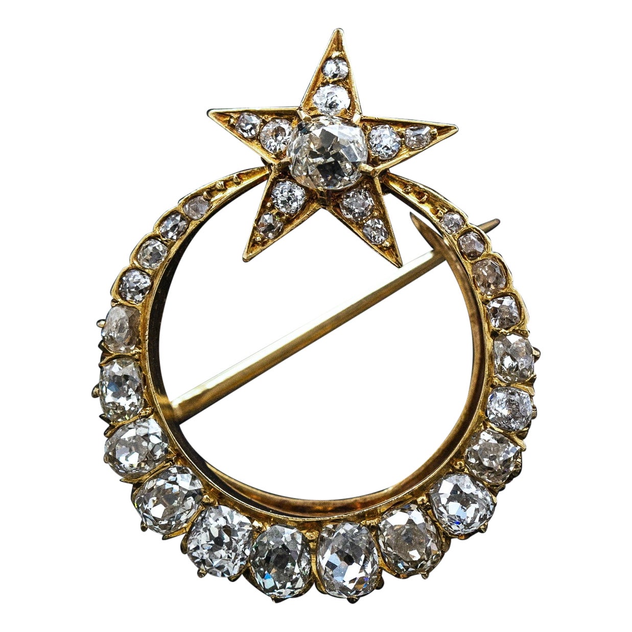 Antique 19th Century Old Mine Cut Diamond Crescent Moon Star Brooch Yellow Gold For Sale