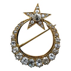 Antiguo Broche de Estrella de Luna Creciente con Diamantes talla Mina del Siglo XIX Oro Amarillo