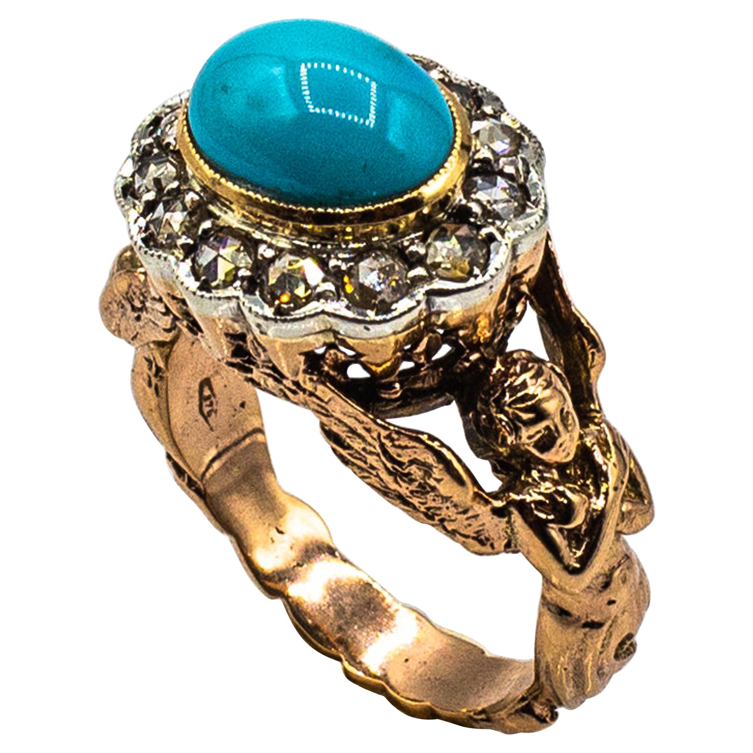 Art Nouveau Style White Diamond Cabochon Cut Turquoise Yellow Gold Cocktail Ring For Sale