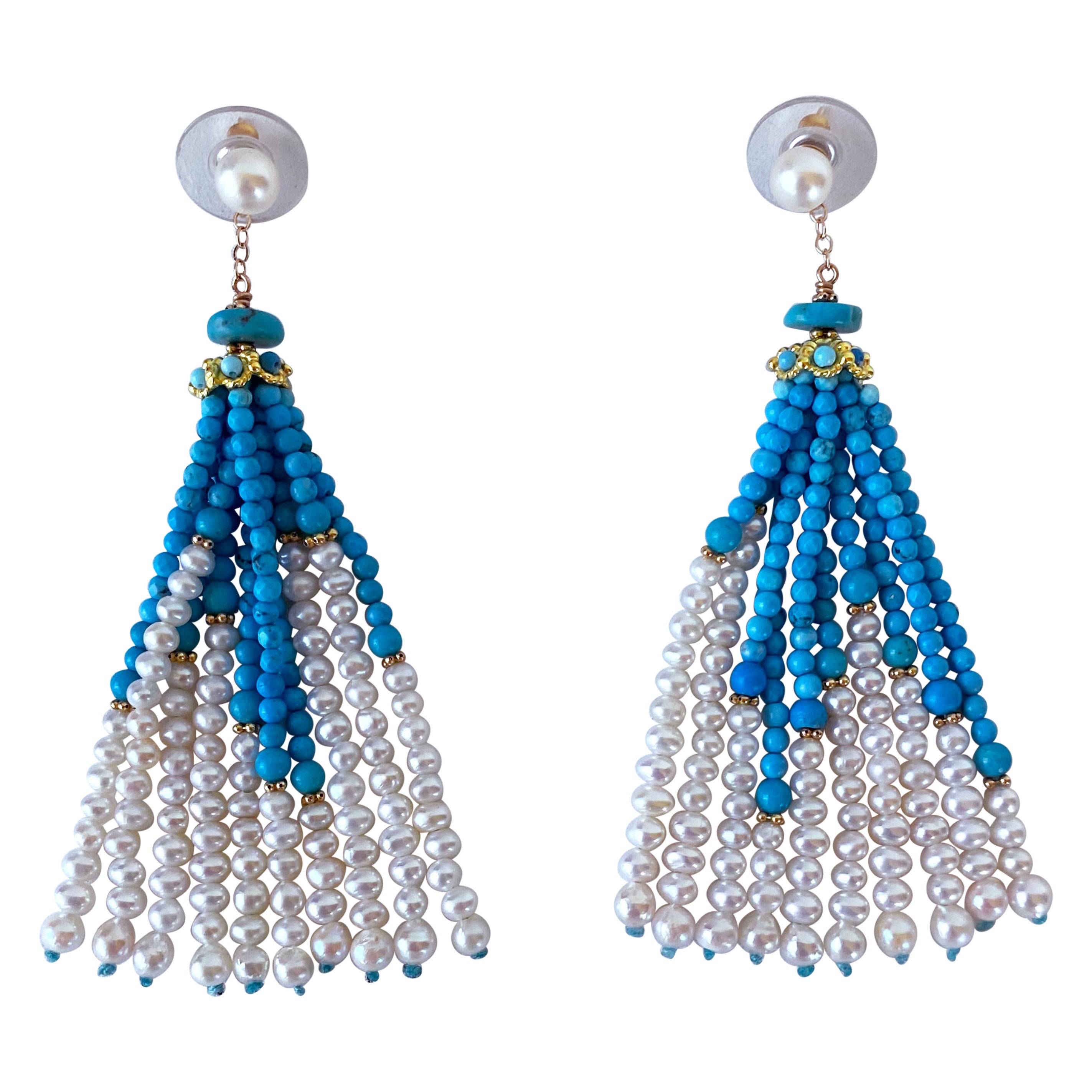 Marina J. Turquoise, Pearl & Solid 14k Yellow Gold Tassel Earrings