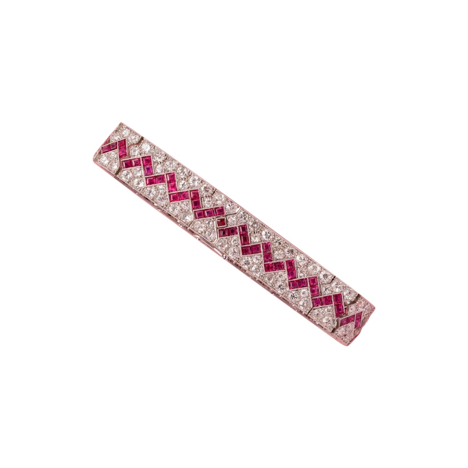 Platinum Art Deco French bracelet with diamonds and rubies