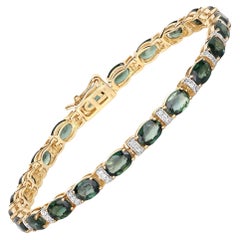 Natural Green Sapphire and Diamond Tennis Bracelet 13 Carats 14k Yellow Gold