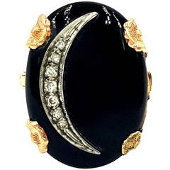 1950s Retro Onyx Diamond Gold Crescent Moon Ring