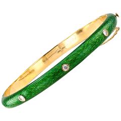 1980s Apple Green Enamel and Diamond Bangle