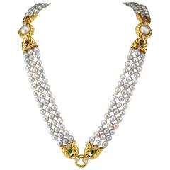1980s Precious Gem and Baroque Pearl Three Strand Necklace