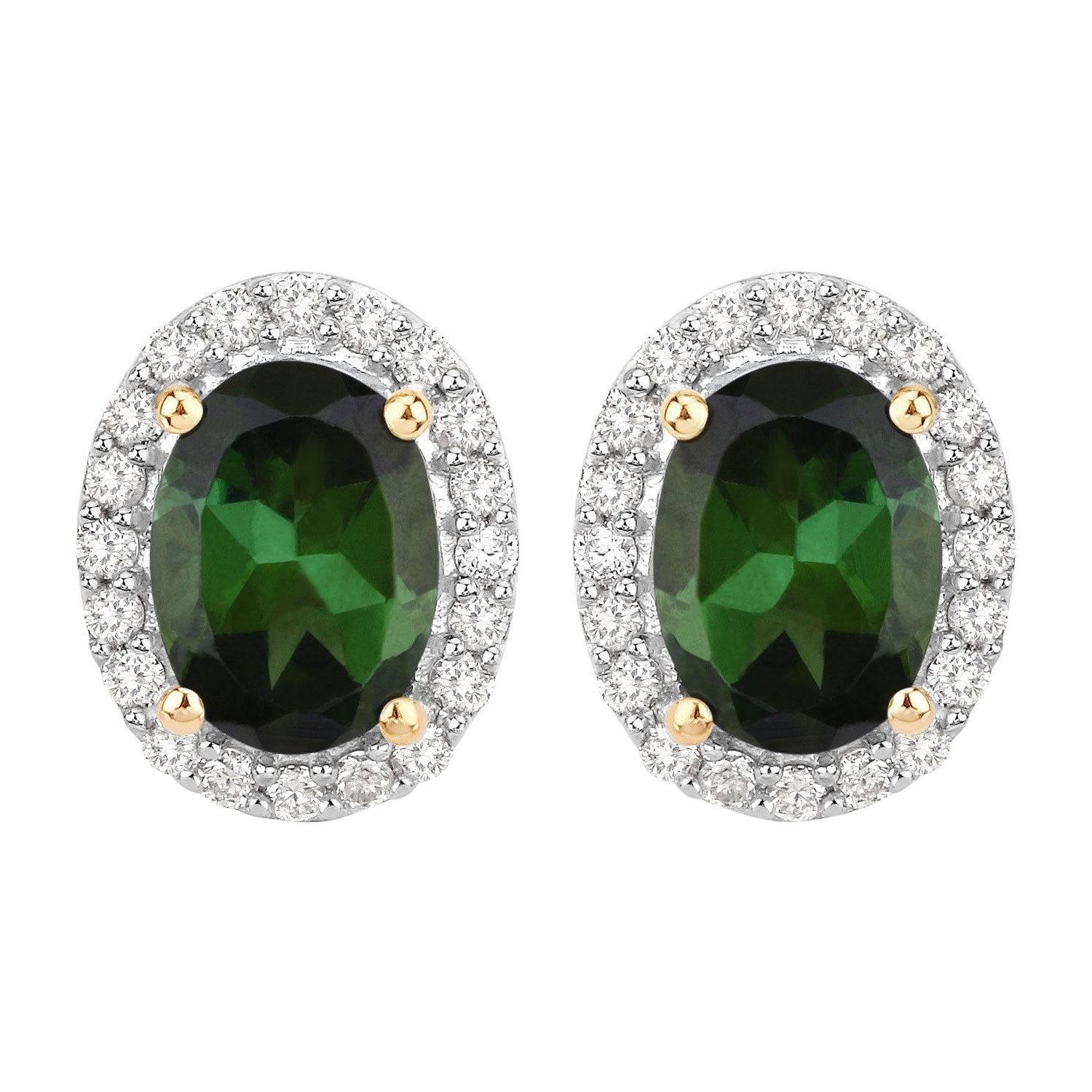 Natürlicher grüner Turmalin und Diamant-Halo-Ohrringe 2 Karat 14K Gelbgold im Angebot