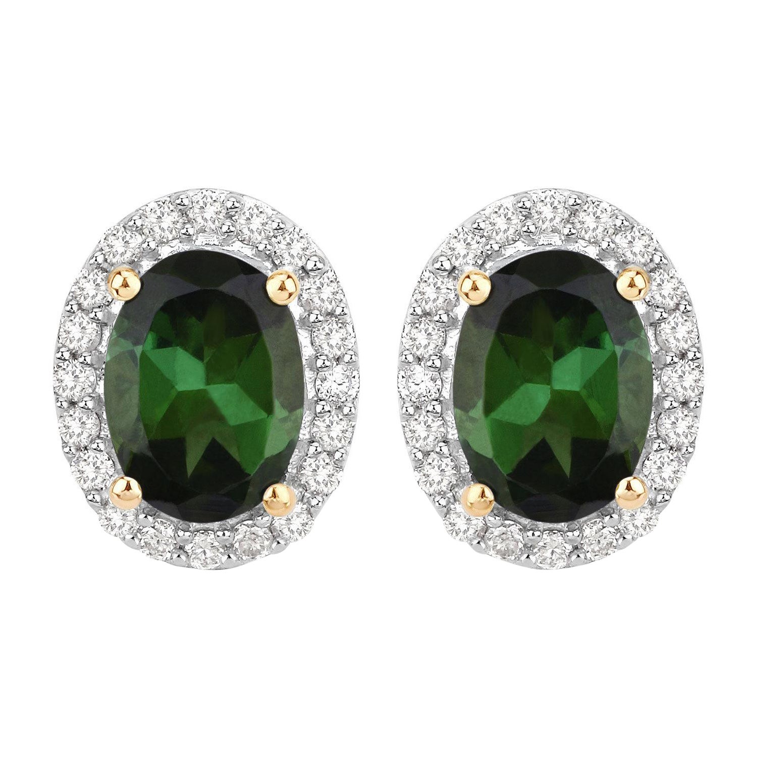 Natural Green Tourmaline and Diamond Halo Earrings 2 Carats 14k Yellow Gold