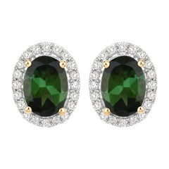 Natürlicher grüner Turmalin und Diamant-Halo-Ohrringe 2 Karat 14K Gelbgold