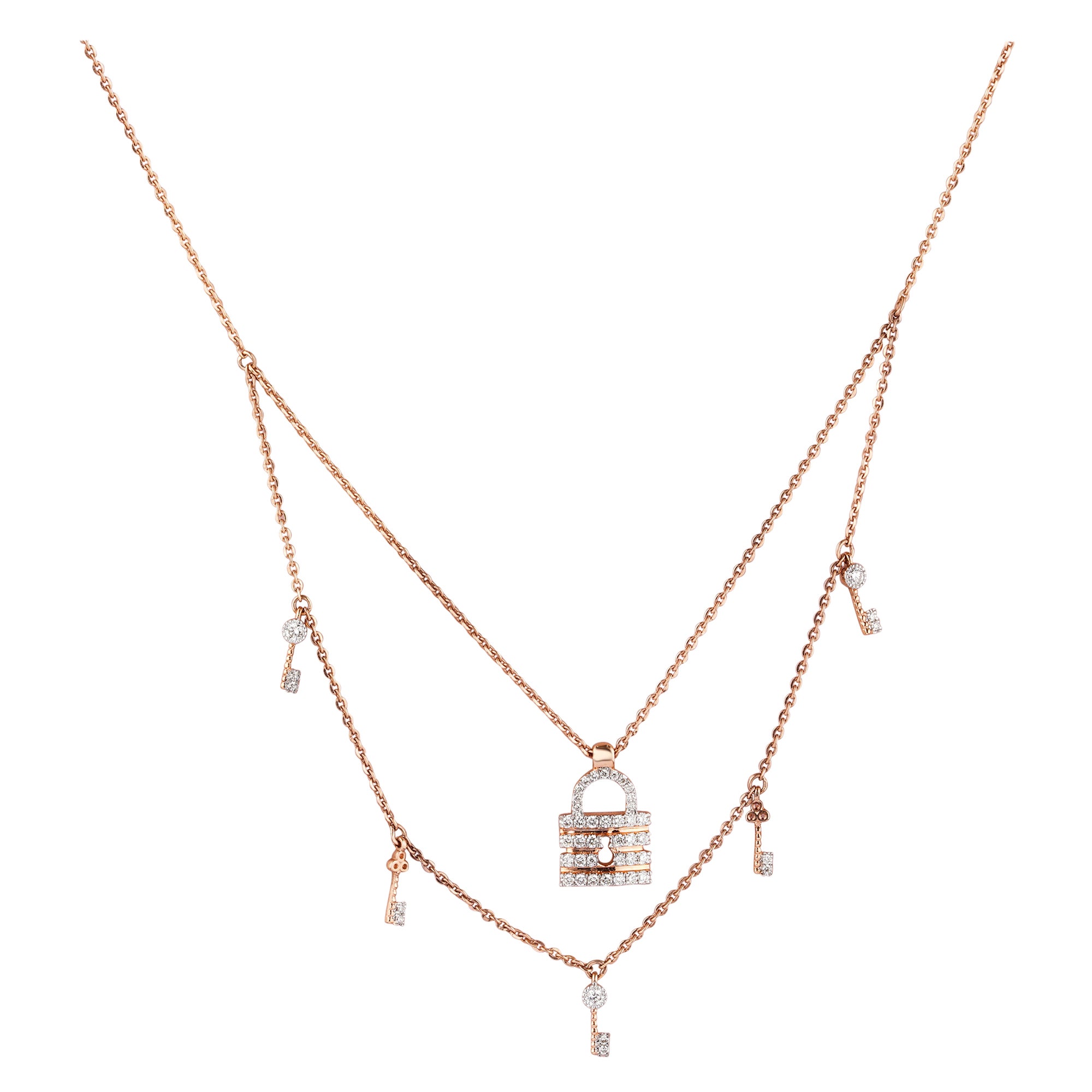 Lock & Key Diamond Charms Necklace in 18k Solid Gold For Sale