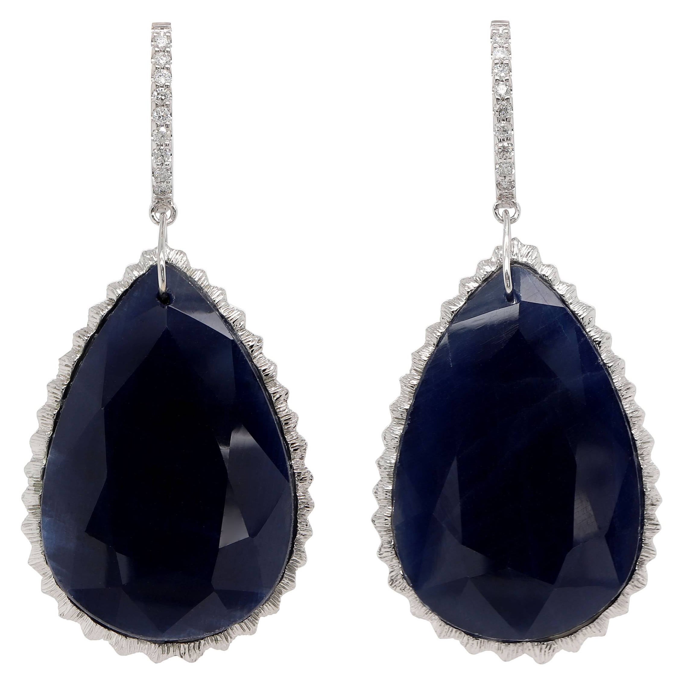 Blue Cabuchon Pear Shape Sapphire Earrings in 18k White Gold 