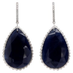 Blue Cabuchon Pear Shape Sapphire Earrings in 18k White Gold 