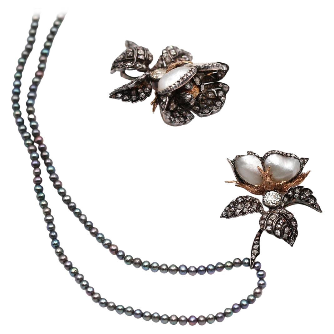 Diamonds Mother Of Pearl Flower Brooch Pendant, 1860