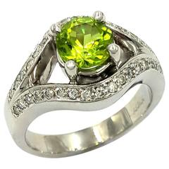Custom 1.20 Carat Vivid Yellow Green Peridot and .75 Carat Diamond Gold Ring
