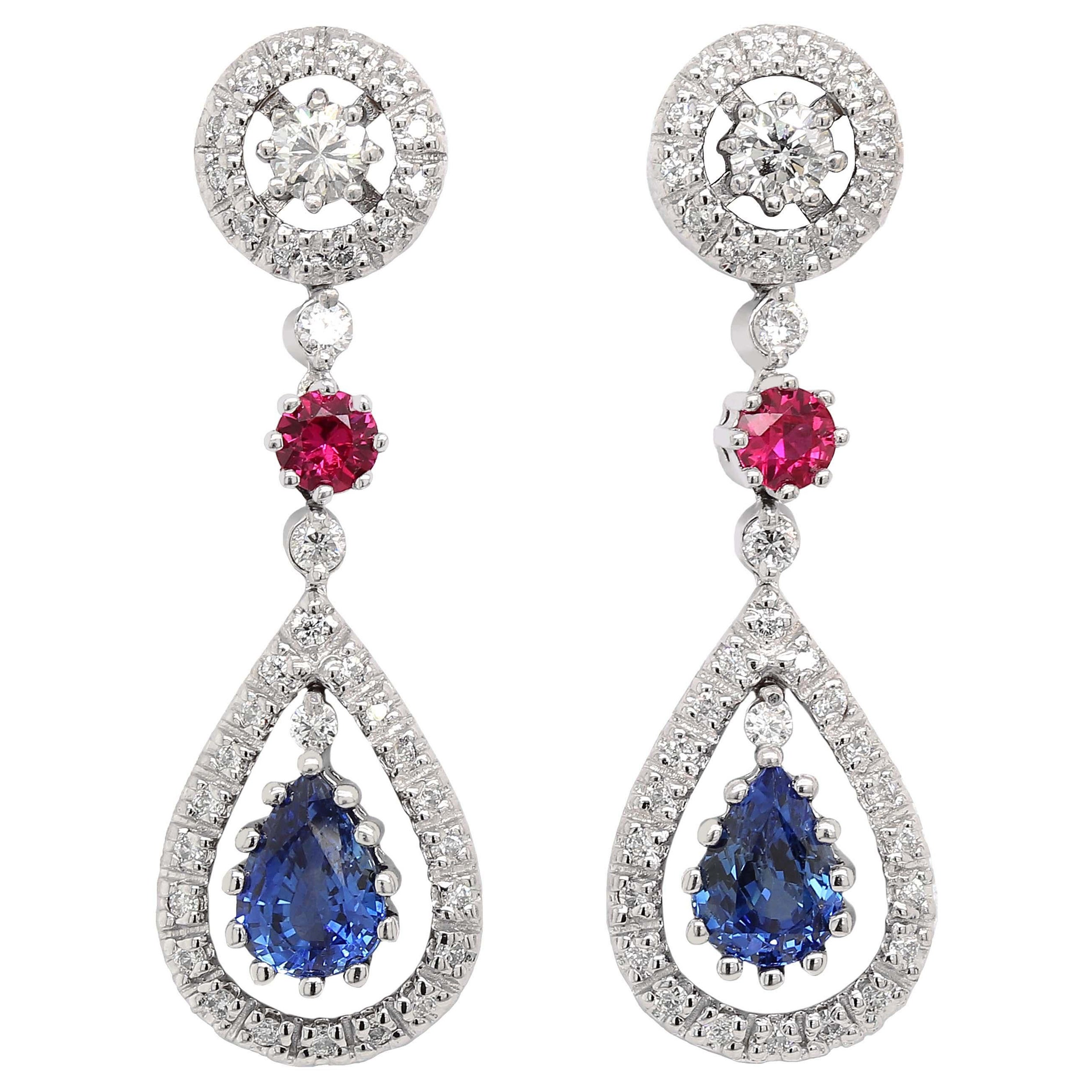 Blue Pear Shape Sapphires Earrings in 14k White Gold For Sale