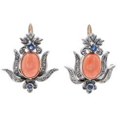 Coral, Sapphires, Diamonds, 14 Karat Rose Gold and Silver Earrings